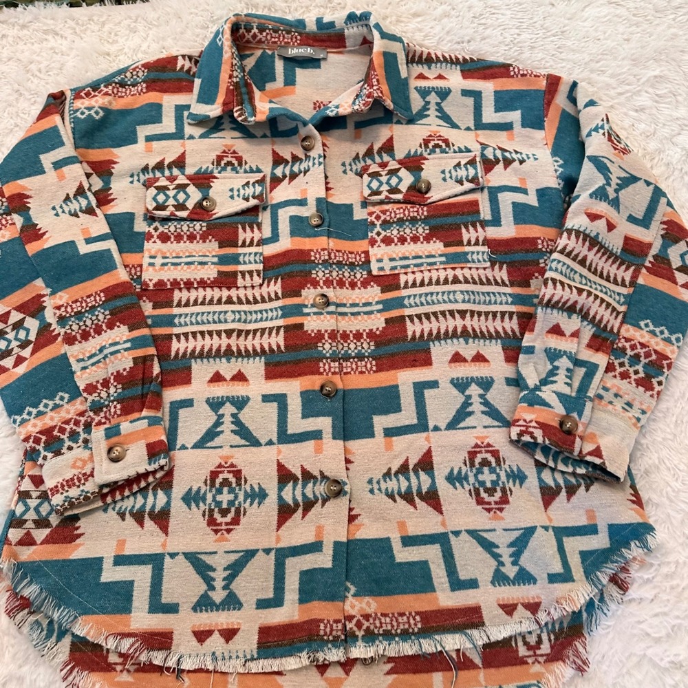 Blue B Collection Southwestern Geometric Frayed Hem Shacket Teal Orange Medium